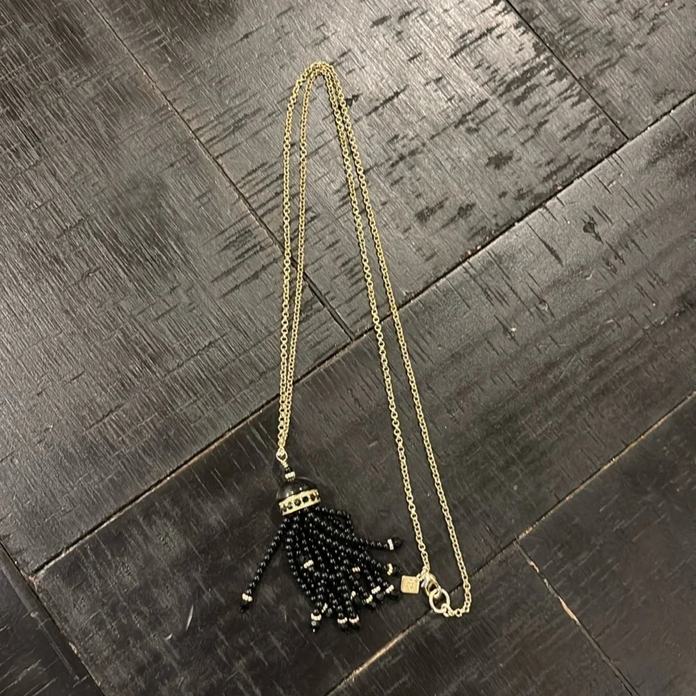 Banana Republic Enamel Black Beads Tassel Chain Necklace Gold Tone Boho​
